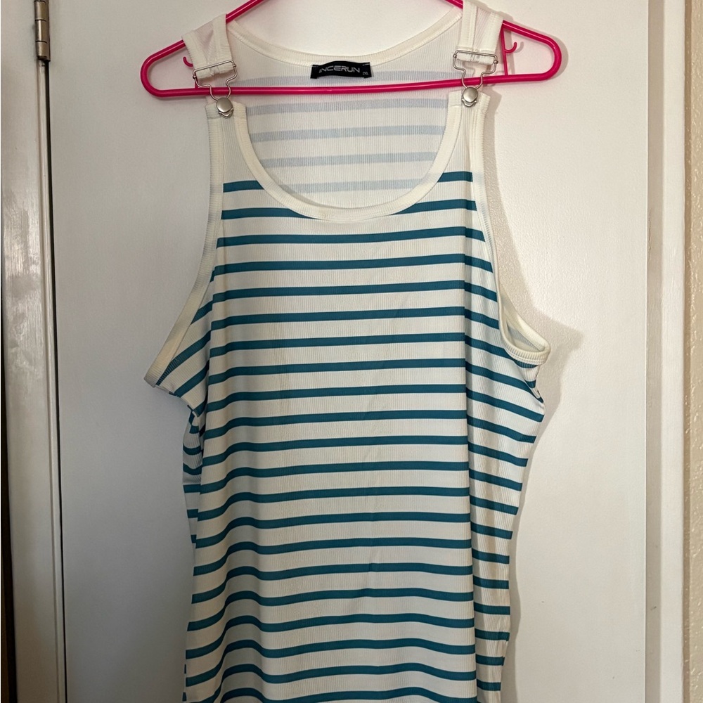 Blue and White Striped Women's Tank Top (with non functional overall closure)